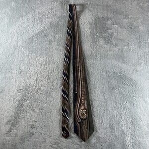 Henry Grethel Mens Silk Tie Paisley Geometric Stripe Navy Blue Green Brown‎ 4in